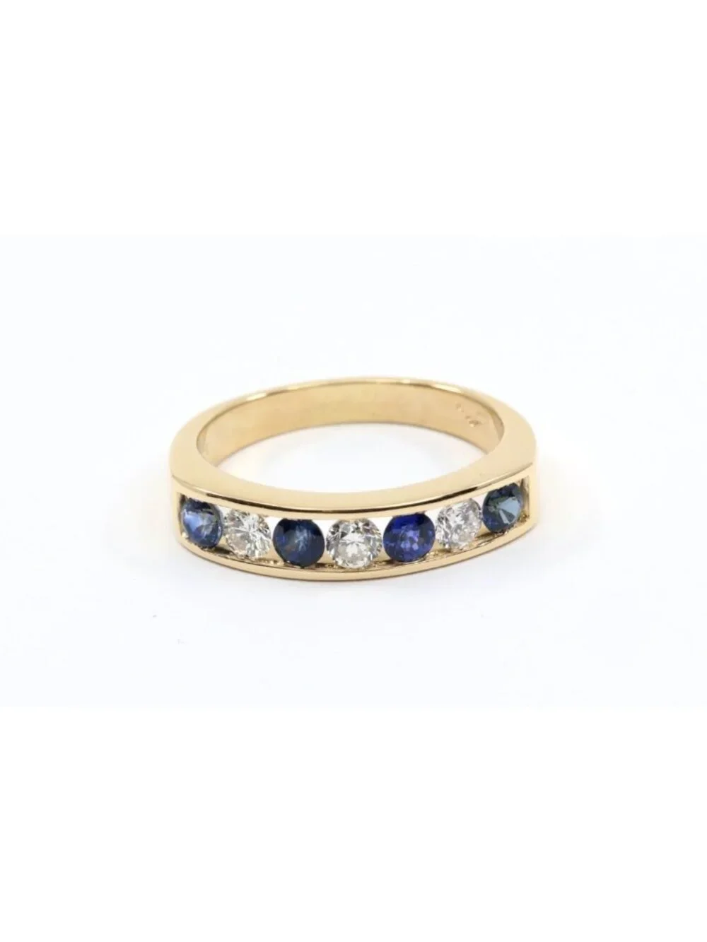 14K Solid Yellow Gold Sapphire Diamond Alternating Channel Set Wedding Band Ring